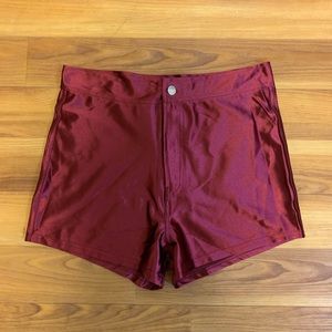 High waist burgundy disco shorts poly spandex